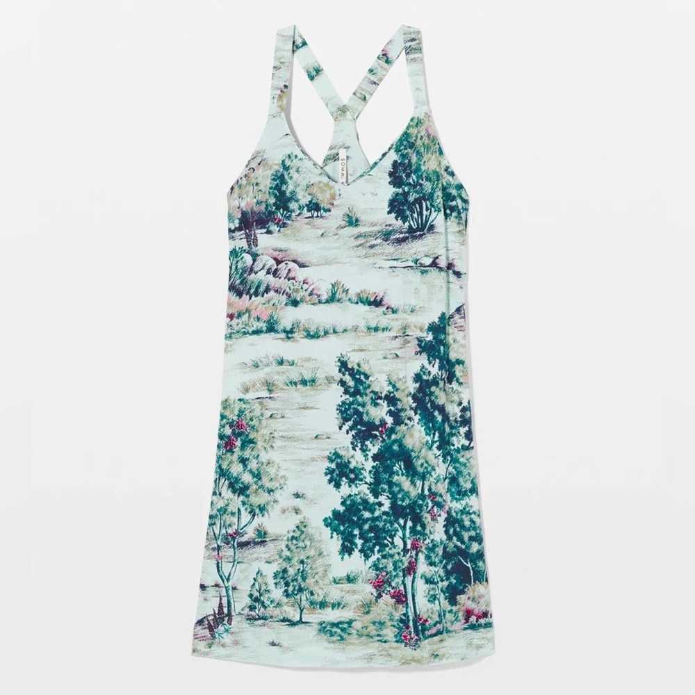 Soma Green Tree Print Sleeveless Dress Racerback Stretchy Sleep Loungewear